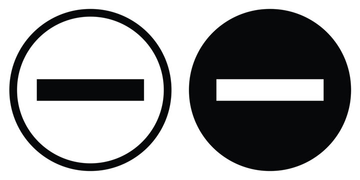 Minus sign vector icon in a circle. Black and white button set for removal, negative action, prohibited access, and basic UI navigation symbols for digital applications.