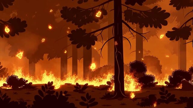 Intense wildfire engulfing a forest under a dark orange sky, captured from a ground-level viewpoint, dramatic photo of chaotic fire