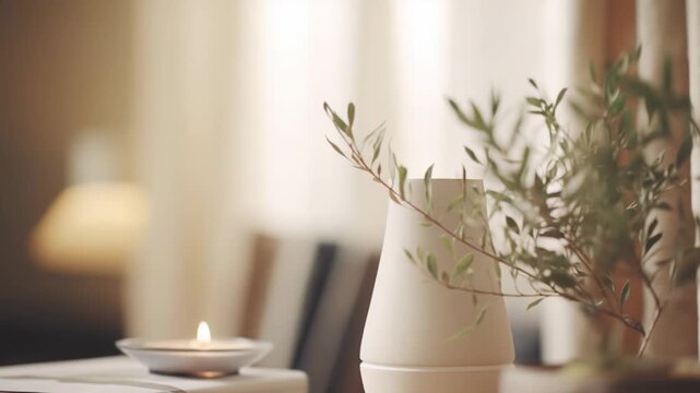 Warm light from a burning candle illuminating a modern vase holding fresh green plant branches while resting on a book on a light surface, creating a peaceful and serene interior setting