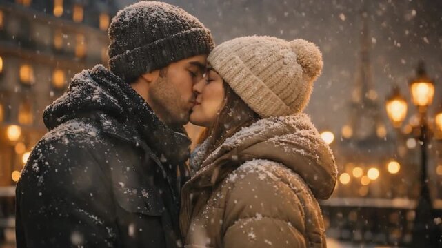Romantic couple kissing in falling snow at night, bundled in winter coats, celebrating Valentine&rsquo;s Day love, warmth, and passion in a magical city atmosphere.