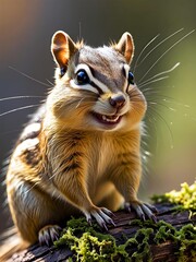 Fototapeta premium Smiling Chipmunk Sitting on Mossy Rock in Forest Wildlife Portrait