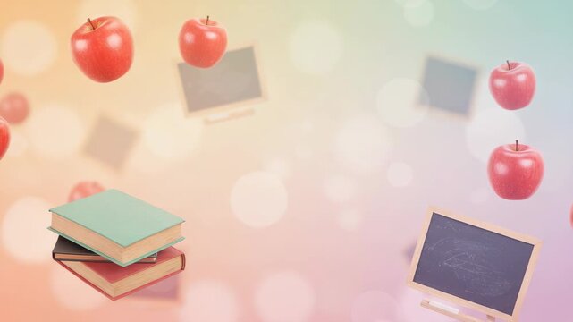 Floating Apples Books and Chalkboards on Pastel Background