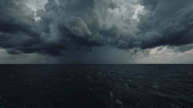 A dark, stormy sky looms over a turbulent ocean. Rain falls in the distance