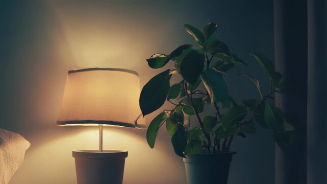 Glowing bedside table lamp casting warm, soft light over a potted green plant and wooden nightstand, creating a cozy, tranquil bedroom atmosphere for evening relaxation