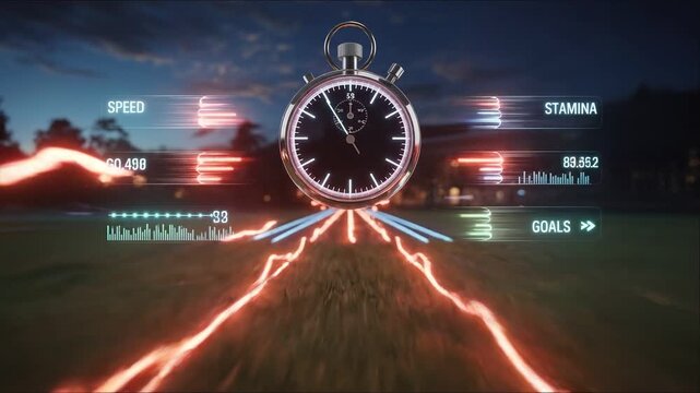 Race Against Time: A futuristic shot timer with speed and stamina indicators against a track setting