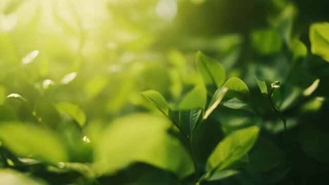 Vibrant green leaves bathed in warm sunlight, fresh spring growth and renewed energy captured in soft bokeh for a serene, natural foliage background full of life