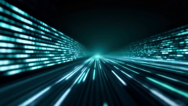 Dynamic data stream illustration with glowing lines and binary code depicting advanced technology in digital space.