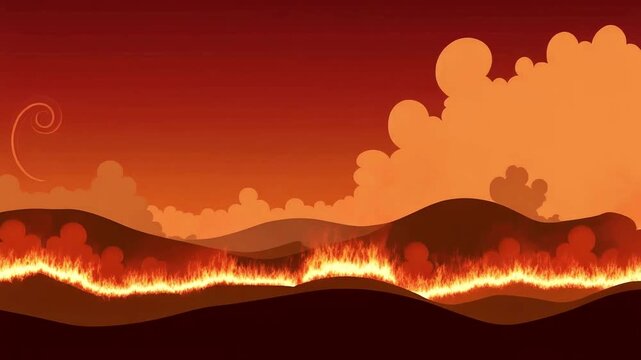 Panoramic cartoon view of a raging wildfire over distant hills, with vivid flames licking the forest floor beneath an ablaze sky at sunset