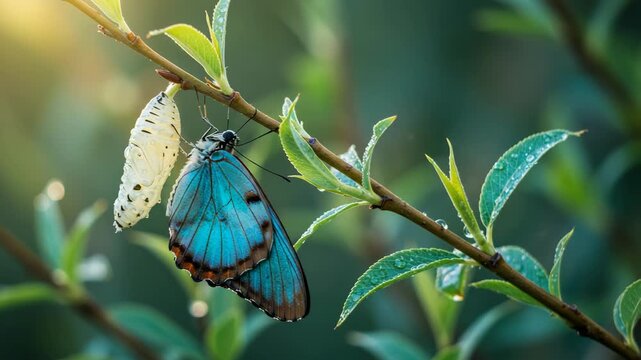 Beautiful Teal Butterfly Emerging from Chrysalis Hanging on a Branch with Dew Drops at Golden Hour Sunlight in a Natural Outdoor Setting