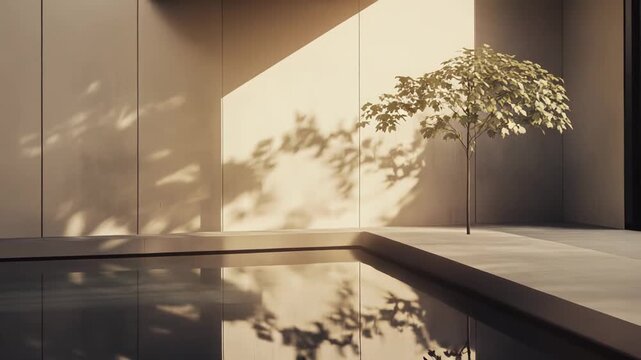 Clean architectural lines frame an indoor outdoor space where one tree casts dappled shadows on a warm beige wall, mirrored in a calm reflecting pool for serene modern harmony