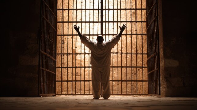 In a dramatic moment a man stands with arms raised in front of imposing prison bars allowing warm sunlight to pour into the ancient cell. A sense of hope fills the space.