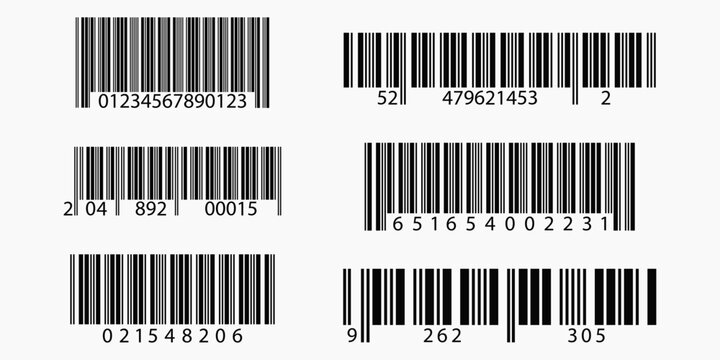 EAN barcode label set. Linear codes for product marking and retail scanning. Black striped symbols isolated on white. Vector collection for tags and identification.
