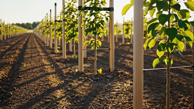 Rows of young tree saplings in a new orchard at sunset. Agricultural plantation with newly planted trees growing in the soil. Growth and horticulture concept