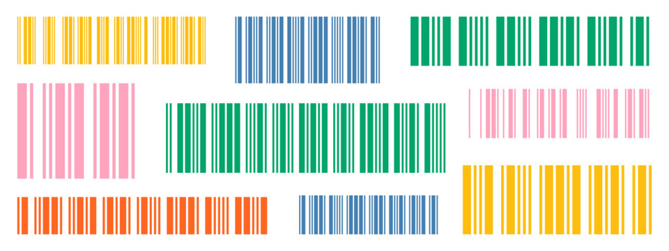 Label EAN set featuring linear barcodes for scanning. Product ID stickers and tags with digital information. Colorful striped codes isolated on white background.