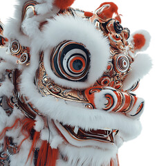 Vibrant lion dance head with intricate design and white fur