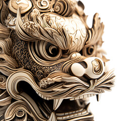 Intricately carved wooden lion dance mask with detailed patterns