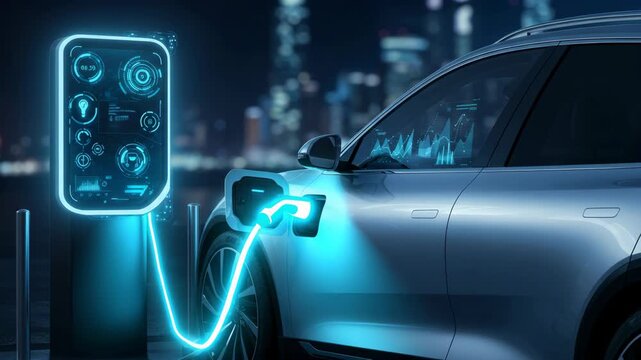 Electric Car Charging at Futuristic Station in Urban Night with Blue Glowing Details Cityscape Background Featuring Sleek Silver Vehicle and Advanced Technology
