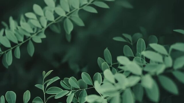 Lush green leaves on a woody branch fill the frame, presenting a serene natural pattern with a soft, dark background, symbolizing growth, freshness, and organic vitality