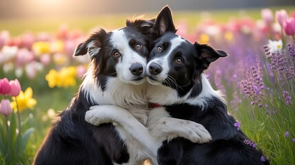 Fototapeta premium Two border collies embracing in a colorful flower field