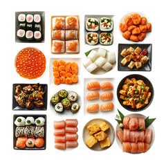 Variety of sushi and Japanese dishes on plates