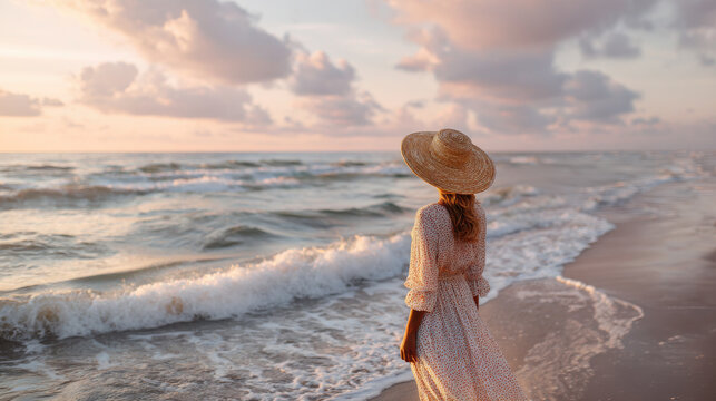 Woman in Summer Dress and Straw Hat Standing on Beach in Soft Morning Light
