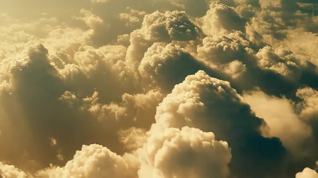 Expansive view of fluffy cumulus clouds floating in a golden sky, creating an ethereal background representing freedom, travel, and a serene atmosphere above the earth