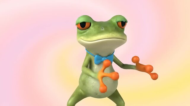 3D Animated frog with bow tie, gesturing with a paw, isolated. Funny, cheerful character. Cartoonish style with pastel background and soft lighting.