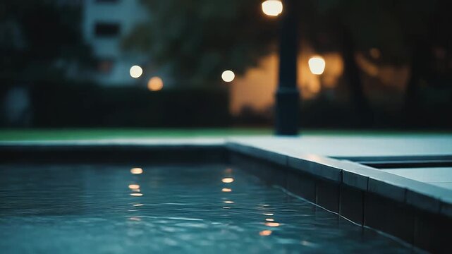 Water continuously flowing into a serene pool creates gentle ripples on the surface, beautifully reflecting warm, blurred lights against a dark, tranquil background