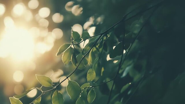 Fresh green leaves gently catching the warm golden sunlight filtering through the atmospheric background, creating beautiful circular bokeh effects and a peaceful, natural, and vibrant atmosphere