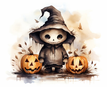 cute little boy in witch costume and pumpkins