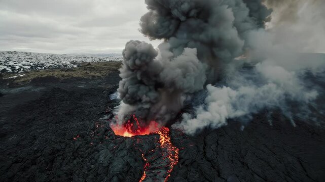 Aerial view of a volcanic eruption with molten lava flows, billowing smoke, and icy landscape