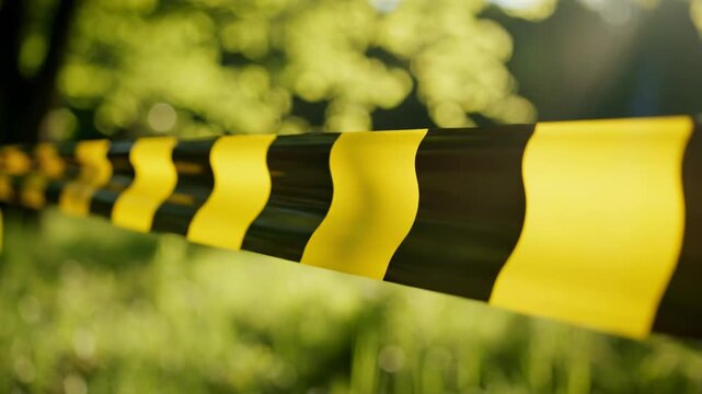 Black and yellow caution tape with a distinctive wavy pattern stretches across a blurred natural background, indicating a restricted area, possibly a crime scene under investigation, creating a sense