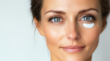 Obraz premium A woman with beautiful blue eyes applies a skincare product to her under-eye area while smiling softly, showcasing her healthy complexion in a well-lit space