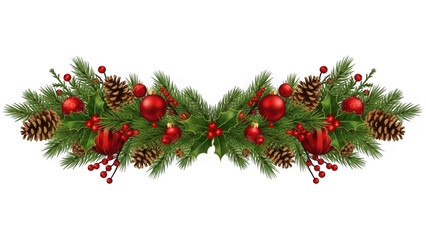 Beautiful christmas border with red ornaments and pinecones