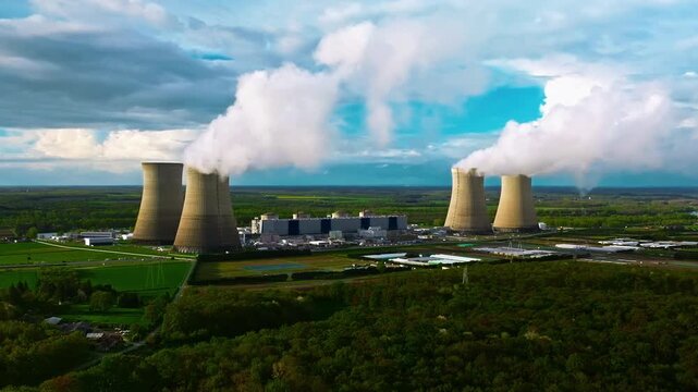 Aerial view nuclear power plant. Steam rises from the huge chimneys of the operating power plant