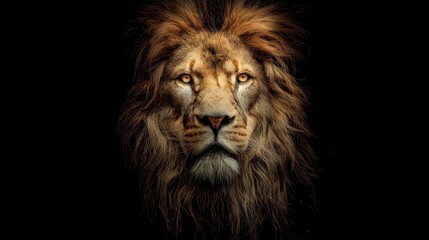 Fototapeta premium Cool lion head with detailed features and striking eyes shown on a dark background, highlighting its majestic appearance and wild essence
