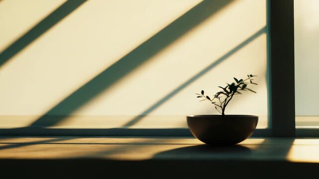 Small green plant in a ceramic pot stands gracefully on a surface, bathed in warm morning sunlight creating dramatic shadows and highlighting a serene, minimalist interior