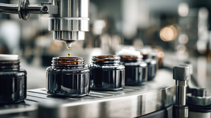 Machine fills dark glass jars with cream on a stainless steel line in a factory. Other jars and equipment blur in the background. Soft lighting enhances the scene