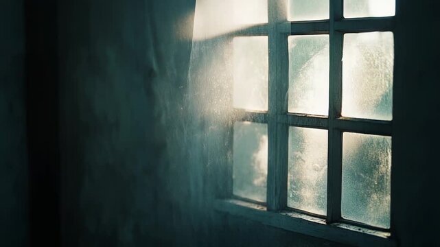 Sunlight streams through a grungy, dusty window, illuminating particles in the air and highlighting the texture of the old, dark wall inside a neglected, empty space