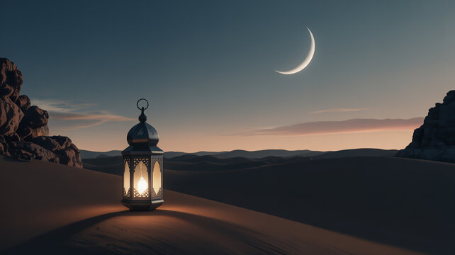 Glowing Islamic lantern on desert sand dunes under a crescent moon at dusk Ramadan lantern