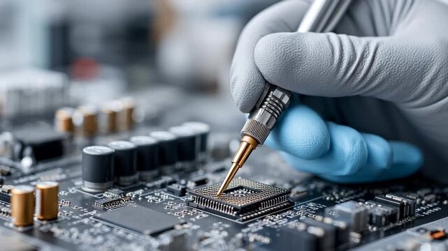 Medical and Tecnology concept ,Gloved hand inserting probe electronic circuit board with microchip and components closeup