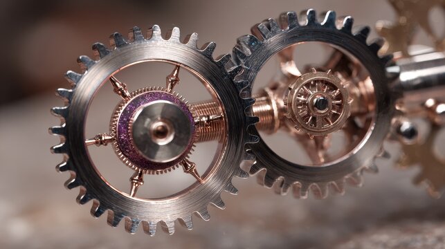 Rotating gears connect and turn smoothly, creating movement in a mechanical assembly in a workshop