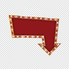 Retro glowing arrow sign with light bulbs pointing downward for casino or marquee advertisement