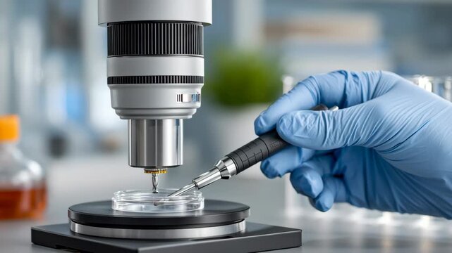 Medical and Tecnology concept ,Gloved hand with micro manipulator near microscope and petri dish laboratory for precise