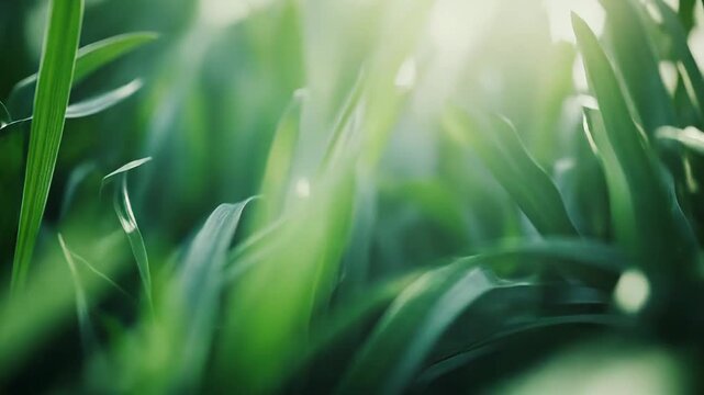 Fresh green grass bathed in gentle morning sunlight, soft bokeh background highlighting lush stems and texture for a serene, natural, ecological outdoor scene