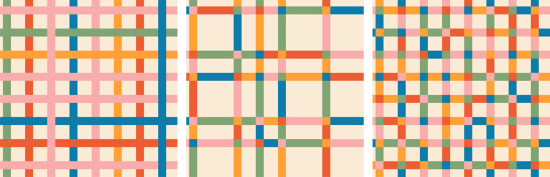 Retro colored checkerboard and stripes seamless pattern collection. Fun colored vintage plaid background. Vector print for holiday, party, birthday, invitation