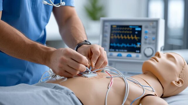 Medical and Tecnology concept ,Medical healthcare training mannequin with electrode pads attached chest and heart monitor showing