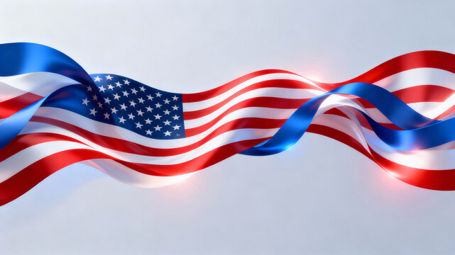 Conceptual patriotic background celebrating America two hundred fifty years anniversary, with a flowing flag transforming into abstract red white and blue light waves

