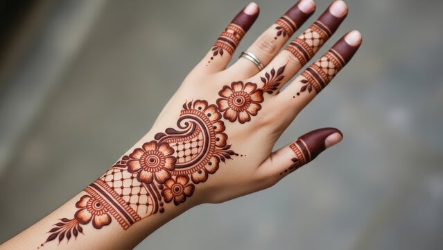 Intricate henna mehndi design on female hand with floral patterns and rings