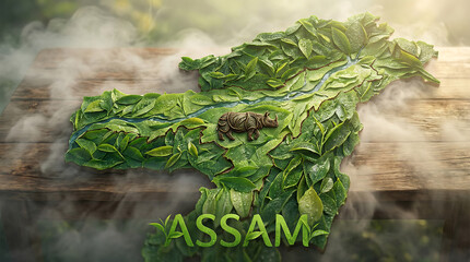 Assam State Map Fresh Green Tea Leaves and Nature Concept